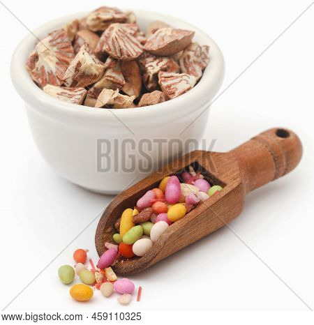 Colorful Paan Masala Spice For Eating Betel Leaf Over White Background