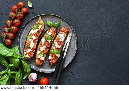 Eggplant Appetizer.
Baked Eggplant With Tomatoes, Ricotta And Basil.