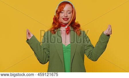 Keep Calm Down, Relax, Inner Balance. Woman Breathes Deeply With Mudra Gesture, Eyes Closed Meditati