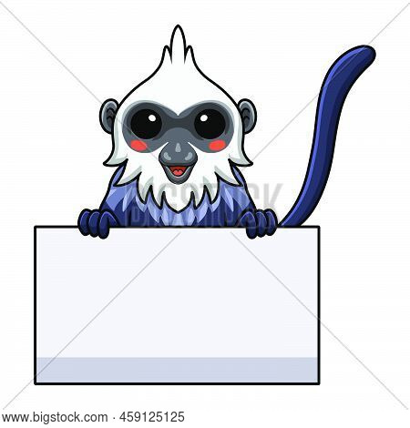Vector Illustration Of Cute White Headed Langur Cartoon Holding Blank Sign
