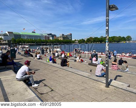 Popular Steps In The City Center Of Hamburg Called Jungfernstieg - City Of Hamburg, Germany - May 16
