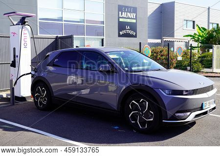 Bordeaux , Aquitaine  France - 07 25 2022 : Hyundai Ionic 5 Electric Vehicle In Ionity Charging Stat