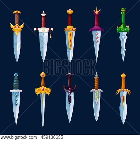 Magical Cartoon Steel Dagger And Stiletto Isolated Blades. Vector Knight Swords Decorated With Preci