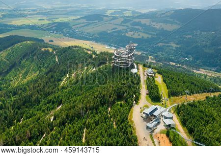 Sky Walk Observation Tower In The Forest Between Mountain Hills Near Sky Bridge 721 In A Sunny Summe