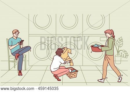 People Washing Clothes In Public Laundry. Men And Women Clean Clothing In Laundromat. Vector Illustr