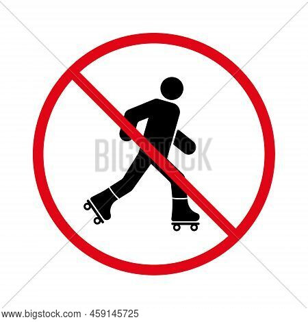 Man In Roll Red Stop Circle Symbol. Ban Entry In Roller Skate Black Silhouette Icon. No Allowed Skat