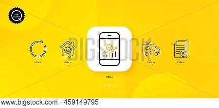 Financial Documents, Car Service And Work Home Minimal Line Icons. Yellow Abstract Background. Synch
