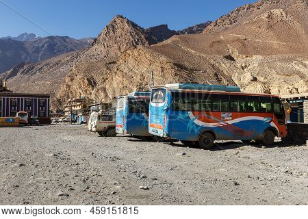 Jomsom, Nepal - November 23, 2016: Bus Station In Jomsom. A Local Bus Waiting At Station.