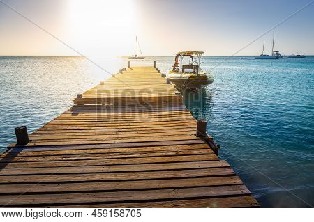 Tropical Paradise: Cancun Idyllic Caribbean Beach With With Rustic Palapa Pier, Riviera Maya, Mexico