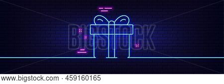 Neon Light Glow Effect. Gift Box Line Icon. Present Or Sale Sign. Birthday Shopping Symbol. Package 