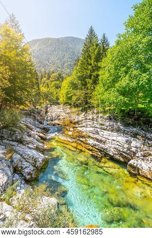 Clear Water Of Soca River At Small Soca Gorge, Julian Alps, Slovenia