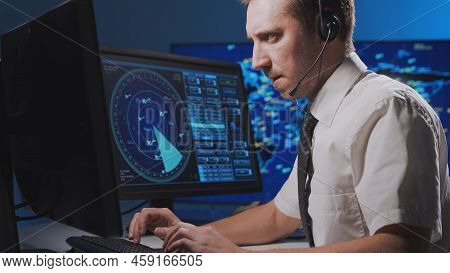 Workplace Of The Professional Air Traffic Controller In The Control Tower. Caucasian Aircraft Contro
