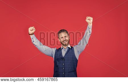 Euphoric Business Man Celebrate Success Or Victory Making Winner Gesture Red Background, Euphoria
