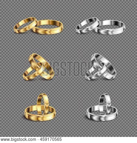 Matching Gold Platina His Her Wedding Bands Rings Series 6 Realistic Sets Transparent Background Iso