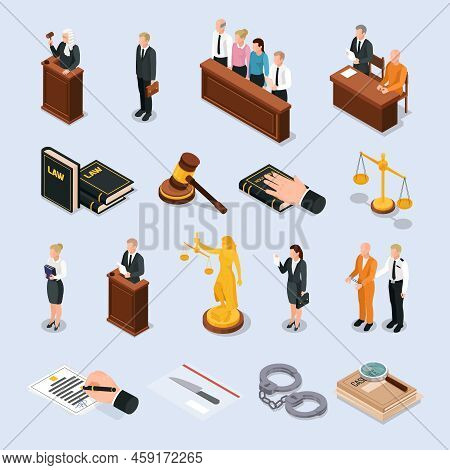 Law Justice Court Characters Accessories Isometric Icons Set With Convict Judge Attorney Hand On Bib