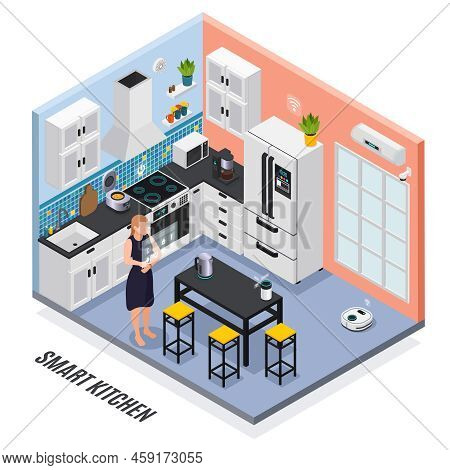 Smart Kitchen Interior Iot Devices Controlled With Touch Screen Isometric Composition With Multi Coo