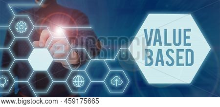 Hand Writing Sign Value Based. Business Showcase Considering The Product Worth In Satisfying The Cus