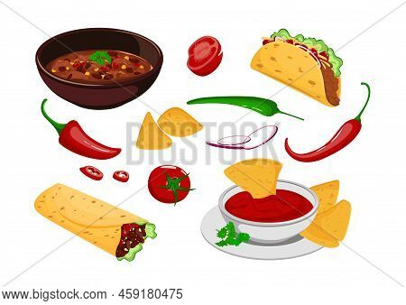 Mexican Food Set. Traditional Tacos, Burrito, Nachos, Chili Con Carne Isolated On White Background. 