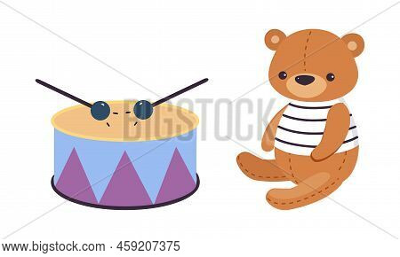 Drum With Stick And Teddy Bear As Colorful Kids Toy Vector Set