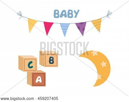 Garland, Abc Wooden Blocks And Crescent As Colorful Kids Toy Vector Set