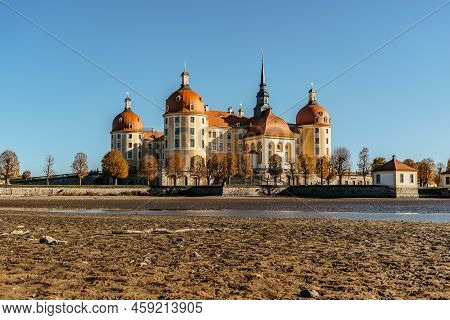 View Of Fairy Tale Moritzburg Castle In Saxony,germany.magnificent Baroque Palace In Middle Of Large
