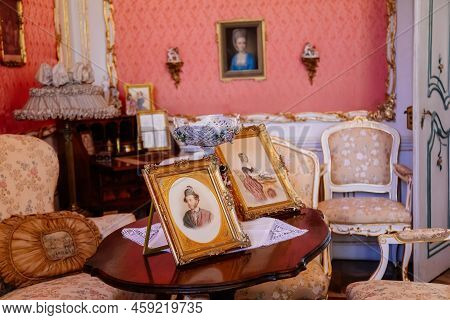 Slatinany, Czech Republic, 17 April 2022:  Castle Chateau Representative Interior With Baroque Woode