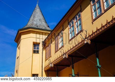 Slatinany, Czech Republic, 17 April 2022: Classical Chateau Or Romantic Yellow Castle Surrounded By 