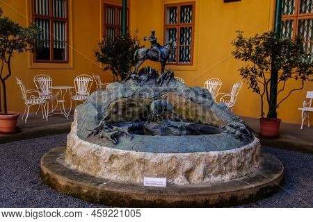 Slatinany, Czech Republic, 17 April 2022: Classical Chateau Or Romantic Yellow Castle Surrounded By 