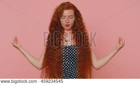 Keep Calm Down, Relax, Inner Balance. Woman Breathes Deeply With Mudra Gesture Eyes Closed Meditatin