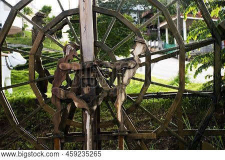 Wooden Turbine Baler Or Wood Water Wheels In Creek Canal For Treatment Water On Pool Pond At Outdoor