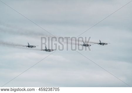 Russia, St. Petersburg, 28 July 2022: Military Aircraft And Helicopters Of The Air Force Fly On The 