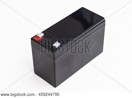Closeup View Of The Black Rechargeable Battery For Uninterruptible Power Supply Isolated On White Ba