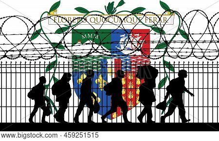 Armoiries De La Reunion - Migrant Crisis Foreign Citizen Entry To The Country. Refugees Near Barbed 