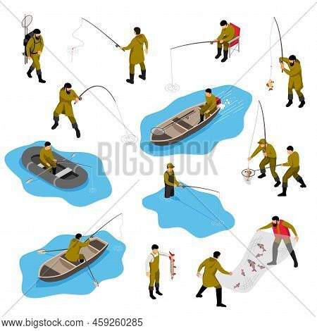 Isometric Fisherman Set With Isolated Human Characters Of Piscators In Different Situations With Boa
