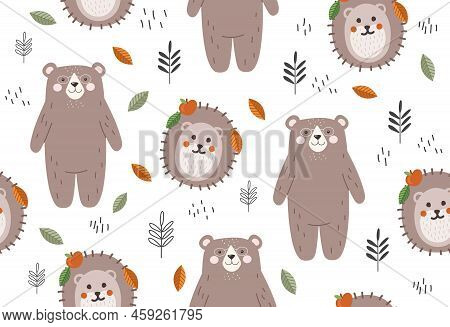 Seamless Pattern With Bear And Hedgehog. Cute Repeating Graphic Element To Print On Bedding. Forest 