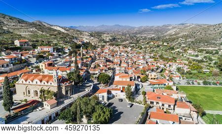 Aerial Bird Eye View Of Kalavasos Village Valley, Larnaca, Cyprus. A Traditional Town With Ceramic R