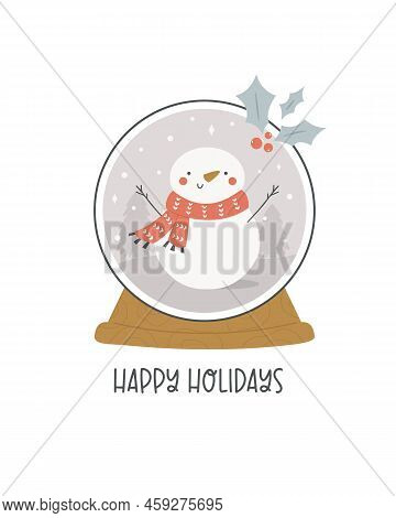 Christmas Holiday Card With Snowball And Snoman Inside. Xmas Greeting Card.