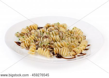 Prepared Spiral Pasta, Also Known As Fusilli Or Rotini Pasta Mixed With Stuffing Of Boiled Chopped P