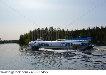 Hydrofoil Ship During Transportation Of Tourists On The Island Of Valaam. Travel And Vacation Concep