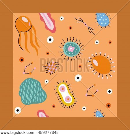 Colorful Medical Seamless Pattern With Cute Doodle Bacterias, Microbs And Dnk