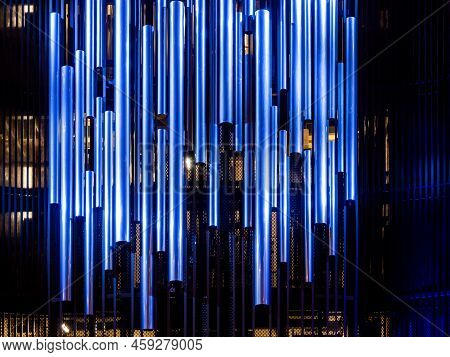 Pipe Organ At Organ Hall Of A Philharmonic. Steel Tubes Of Pipe Organ In Contemporary Philharmonic H