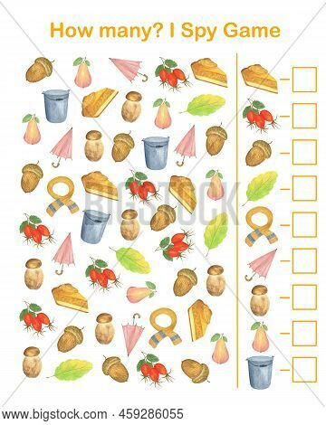 Autumn I Spy, How Many Counting Educational Game For Kids With Autumn Elements, Watercolor Illustrat