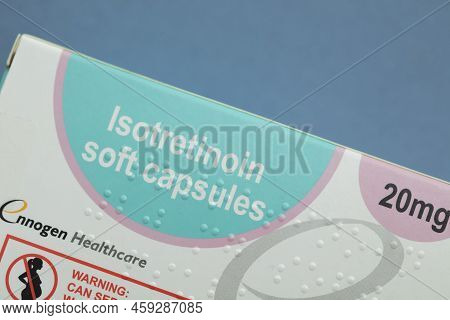 London, Uk - August 2022: Packs Of Isotretinoin Or Roaccutane Tablets Used To Treat Severe Acne