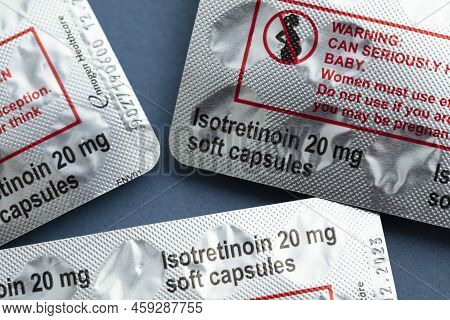 London, Uk - August 2022: Packs Of Isotretinoin Or Roaccutane Tablets Used To Treat Severe Acne