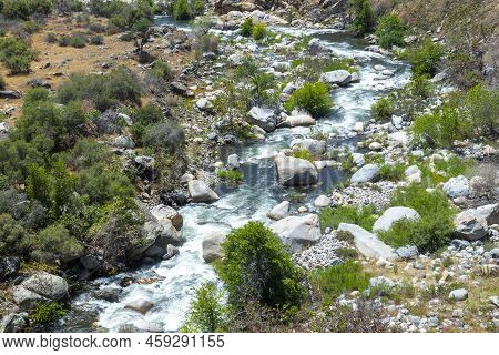 Scenic Landscape At Middle Fork Kaweah River At Entrance Of Sequoia Tree National Park Near Three Ri