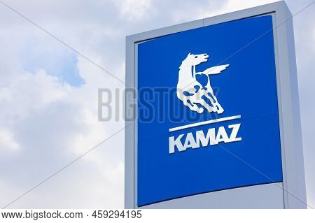 Krasnoyarsk, Russia - August 1, 2022: Blue And White Kamaz Official Logo On Facade Building Of Deale