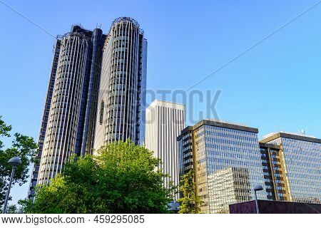 Modern Office Buildings In The Financial District Of Madrid, Spain.