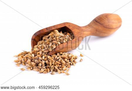 Utsho Suneli Seeds In Wooden Scoop, Isolated On White Background. Trigonella Caerulea Or Blue Fenugr