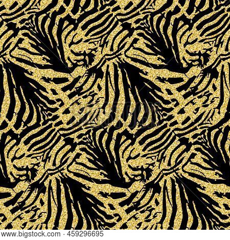 Golden Zebra Skin, Animalistic Seamless Pattern Black Gold Shimmer Shiny Zebrano Background For Desi