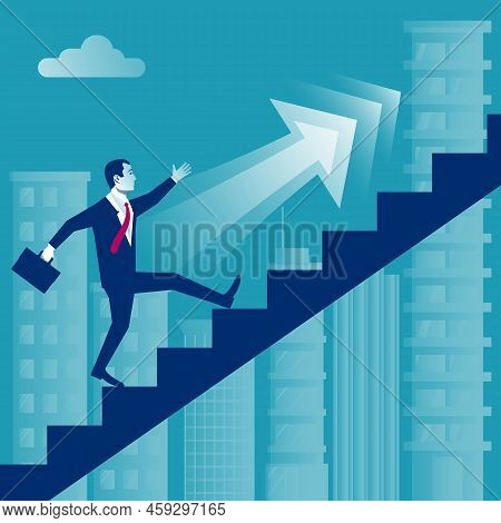 Businessman Is Climbing Career Ladder On Background Of A Big City. Concept Development. Vector Illus